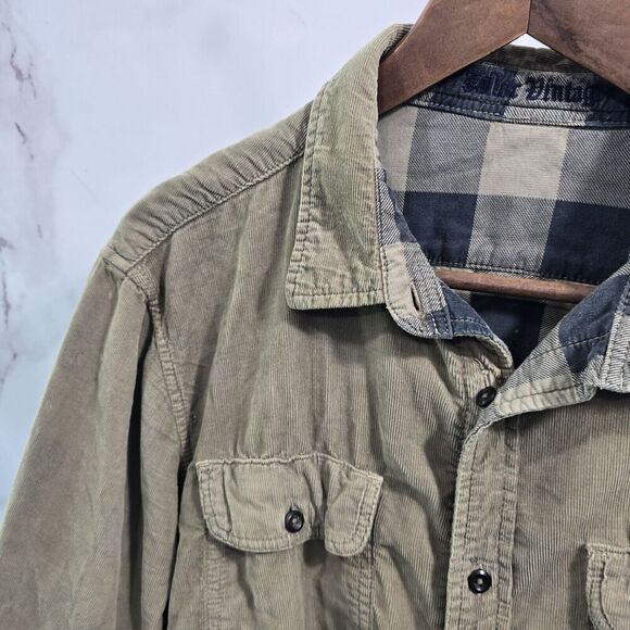 Tailor Vintage Shirt Mens XL Brown Corduroy Button Plaid Reversible Buffalo Blue - Picture 2 of 15